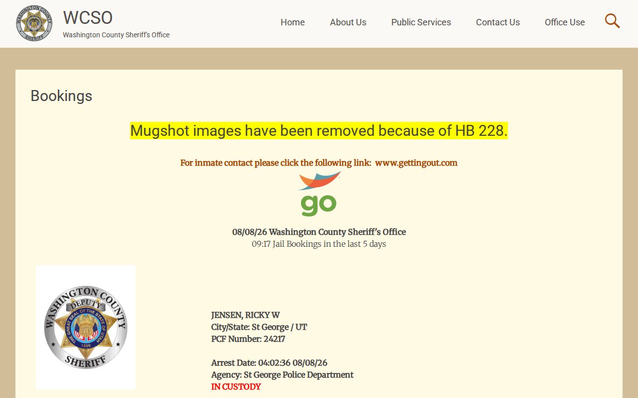 Washington County booking report mugshot removal notice for released inmate photo access