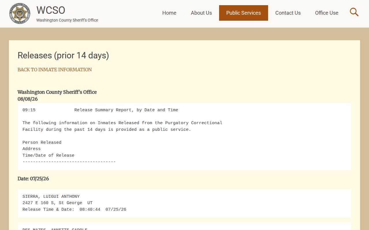 Purgatory Correctional Facility fourteen-day release report for Washington County inmates