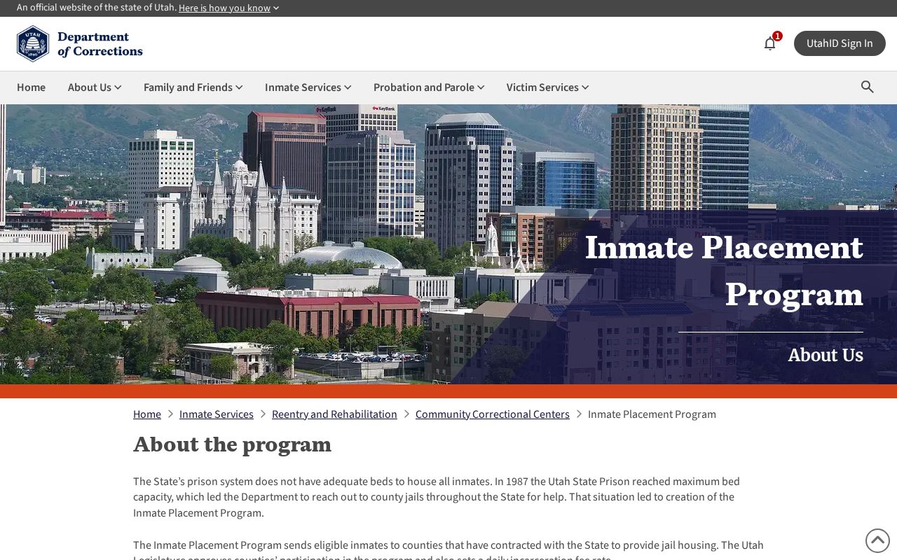 Utah inmate placement program showing Purgatory Correctional Facility state contract context
