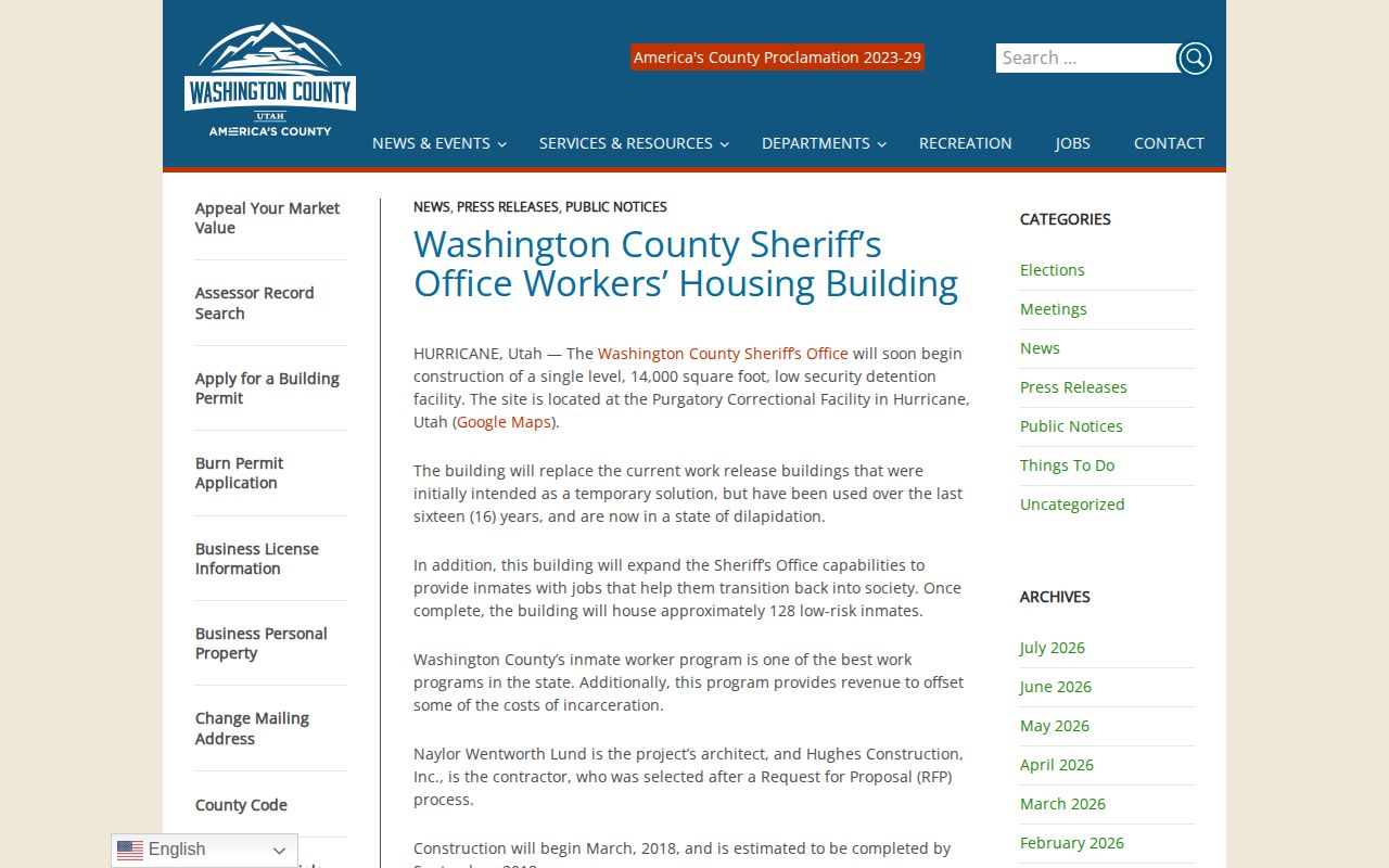 Washington County Sheriff Workers’ Housing Building announcement and release facility history